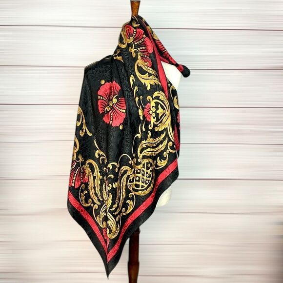 Vtg Linda Allard Ellen Tracy Silk Square Scarf Black Red Gold 35x35” Excellent - Picture 1 of 12